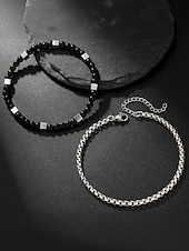 رخيصةأون مجوهرات رجالية-مجموعة أساور رجالية من الخرز الفيروزي والسلسلة الفضية - مجوهرات قابلة للتعديل على طراز شاطئ بوهو للملابس غير الرسمية والصيفية وملابس العطلات