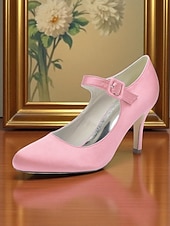 voordelige Cocktail-Champagnekleurige satijnen Mary Jane-hakken voor dames met kristallen gesp, elegante pumps met puntige neus voor cocktailparty&#039;s