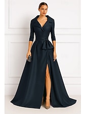 economico Vestiti da sera-abito da sera elegante con scollo a V, a trapezio, abito formale da sposa, strascico a ruota, manica a 3/4, scollo a V, raso elasticizzato con fiocco e spacco 2025