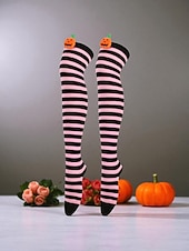 tanie Akcesoria Halloween-Damskie skarpetki za kolano na Halloween - bawełniane, długie pończochy w paski z uroczym wzorem dyni, zabawne i wygodne, nowatorskie pończochy na imprezy kostiumowe, cosplay i wydarzenia świąteczne