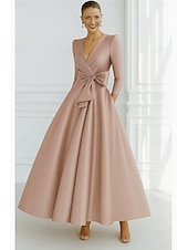 preiswerte Abendkleider-Bind A-Linien Abendkleid Elegantes Kleid Formelle Hochzeitsgast Boden Länge 3/4 Länge Ärmel V-Ausschnitt Tasche Stretch Satin mit Schleife(n)