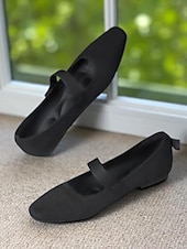 billiga Platta damskor-Beige stickade Mary Jane-skor med pärlrem för kvinnor - lätta, andningsbara vardagsskor för vardagsbruk, resor och kontorskläder