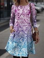 tanie Sukienka boho-Damskie Sukienka mini Sukienka t-shirtowa Sukienka A line Urlop Codzienny Codzienny Randka Regularny Ombre Graficzny W Tureckie Wzory Długi rękaw Półgolf Niebieski Fuksja Pomarańczowy Zielony Wiosna