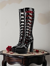 abordables Pour les femmes-Bottes hautes gothiques ajourées pour femmes, bottes à talons à lacets rétro avec design découpé, chaussures de costume élégantes pour tenues de fête d&#039;Halloween