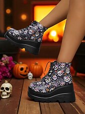 baratos Para mulheres-Botas femininas pretas plataforma com cadarço e caveira - botas góticas de cano curto com sola grossa para festas de outono, cosplay e dia dos mortos