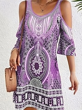 abordables Robes Bohémiennes-Femmes Robe Midi Robe bohème Classique Moderne Vacances Fête Sortir Coupe régulière Fleur Sans manches Col ras du cou Bleu Violet Marron Vert Automne