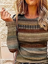 billige Stripe og geometrisk t-skjorte-Dame T skjorte Grafisk Geometrisk Stripet Årgang Mote Stilfull Langermet Crew-hals Vanlige topper Daglig Helg Trykt mønster Lysebrun Vår Høst Vinter