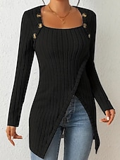 cheap Plain tee-Women's T Shirt Tee Top Buttons Asymmetrical Solid Color Elegant Fashion Long Sleeve Square Neck Regular Tops Daily Weekend Black Brown Rose Pink Gray Spring Fall