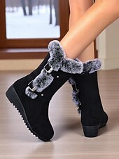 זול מגפי שלג וחורף-מגפי חורף שחורים לנשים עד אמצע השוק - מגפי שלג עם בטנת פרווה רכה, עקב טריז נגד החלקה, נעלי טרקים וטיולים חמות