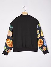 preiswerte Überbekleidung für Damen-Damen Bomberjacke Casual Street Patchwork Kürbis Print Mikro - elastischer Strukturstoff Schwarz Polyester Elasthan