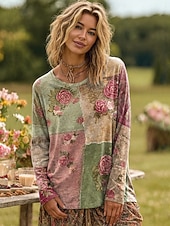 billige Blomster t-skjorte-Dame Plus Size T-skjorte Blomster Fargegradient Oljemaleri blomster Grunnleggende Langermet Rund Hals Vanlige topper Daglig Gå ut Weekend Trykk Rosa Rød Blå Lilla Grønn Vår Høst Forhøst