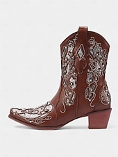 levne Cowboy &amp; Western Boots-Dámské tmavě hnědé krátké kovbojské boty do westernu s bílými vyšívanými vzory, špičatou špičkou a nízkým podpatkem pro country dance a ležérní outfity
