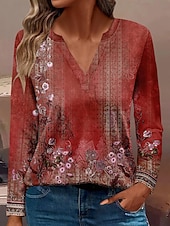 abordables T-shirt floral-Femmes T-shirt Fleuri Occasionnel manche longue Encolure en V Hauts Réguliers Quotidien Boutons Imprimé Rouge Bleu Violet Vert Printemps Automne