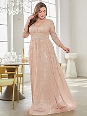 economico Semi-formale / Cocktail-Linea ad A Lunghezza al pavimento Abiti da festa Elegante Manica Lunga Scollo a V Formale Invitato a matrimonio autunnale Con Paillettes con Glitter Paillettes