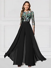 levne Máminy kombinézy-Květinový overal vyšívaná matka nevěsty formální svatba elegantní vintage iluze krk dlouhá sukně šifon poloviční rukáv se třpytkami závodní den šaty