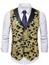 preiswerte Herrenweste-Herren Weste Gilet Urlaub Party Geschäft Mode Lässig Frühling Herbst Tasche Knöpfe Pailletten Polyester Bequem Beflockung Einreihig Ein-Knopf Steigendes Revers Normale Passform Gold Weste