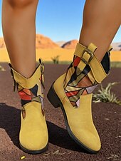זול מגפיים קאובוי ומערב-מגפי בוקרים מזמש לנשים עם אבזם בהדפס נמר ועקבים נמוכים, נעליים אופנתיות אורבניות