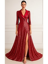 ieftine Rochii de smoking-Rochie de smoking Linia -A Oficial Nuntă Invitat la nunta Sequin Strălucire Elegant Mânecă 3/4 plisată Lungime Podea revere crestate