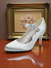 voordelige Cocktail-Champagnekleurige satijnen Mary Jane-hakken voor dames met kristallen gesp, elegante pumps met puntige neus voor cocktailparty&#039;s