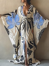 ieftine Rochii Boho-Rochie lungă pentru femei, rochie maxi, rochie boho, rochie casual, rochie lejeră, rochie de vacanță, modă, modernă, zilnic, vacanță, plajă, croială regulată, imprimeu floral, mânecă lungă, decolteu în V, roșu vin, albastru bleumarin, albastru regal, vară