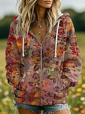 billige Blomstrete topper-Kvinners 3D Print Zip Up Hetter Blomster Grafisk Motemessig Kledelig Langermet Hetter Vanlige Topper Gate Hverdagsklær Patchwork Glidelås Lomme Rød Blå Lilla Fuchsia Grønn Vår Høst