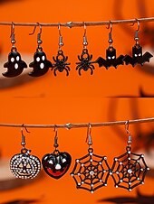 levne Halloweenské doplňky-Sada dámských visících náušnic na Halloween – pavučina a pavouk, lebka, netopýr a duch, lehká černá slitina s kamínky, gotický styl pro kostýmní večírky, cosplay a večerní zábavu