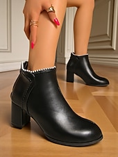 baratos Botas de tornozelo-Botas femininas de cano curto com detalhes em pérolas - botinhas curtas de salto bloco e estilo urbano chique para looks casuais e de rua da moda