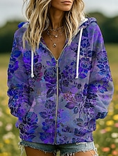 billige Blomstrete topper-Kvinners 3D Print Zip Up Hetter Blomster Grafisk Motemessig Kledelig Langermet Hetter Vanlige Topper Gate Hverdagsklær Patchwork Glidelås Lomme Rød Blå Lilla Fuchsia Grønn Vår Høst