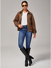 economico Cappotti &amp; Trench-giacca da donna in finta pelle scamosciata con cerniera, collo con revers, finiture a costine, chiusura con cerniera, tasche foderate, casual, elegante, per tutti i giorni, autunno