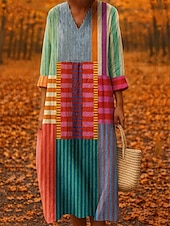 halpa Raidalliset ja geometriset mekot-Naisten midi mekko V-kaula-aukko pitkähihaisella kaftaanilla kevyt löysä malli A-linjainen mekko rento boho ulkona löysä malli graafinen geometrinen pitkähiha V-kaula-aukko keltainen punainen syksy