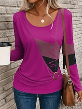 abordables T-shirt rayé et géométrique-Femmes T-shirt Graphique Géométrique ancien Élégant Occasionnel manche longue Col ras du cou Hauts Réguliers Quotidien Patchwork Imprimé Jaune Rouge Bleu Bleu Poudré Violet Automne Hiver