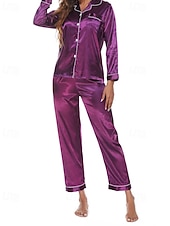 Χαμηλού Κόστους Πιτζάμες και νυχτικά-Γυναικεία Σαλόνια Μοντέρνα Καθημερινό Μαλακή Μονόχρωμες Σατέν Μεταξωτές Πιτζάμες Πιτζάμες Κουμπιά Παντελόνι Καθημερινά Κρεβάτι Μακρυμάνικο Πέτο Μπλε Λίμνης Μαύρο Σαμπανιζέ Κρασί Βυσσινί