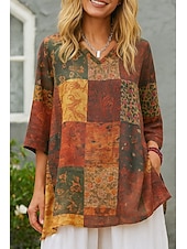 economico Camicie-Per donna Camicie di cotone e lino Floreale Grafico Bohemien Elegante Essenziale Manica 3/4 Scollo a V Top Regolari Quotidiano Stampato Rosso Verde Estate Primavera