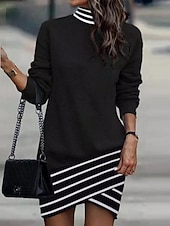 economico Abito Floreale-Per donna Mini Abito Tubino Casual Quotidiano Vestibilità regolare Floreale A righe Manica Lunga Collo Alto Nero Bianco Giallo Albicocca Primavera Autunno Inverno