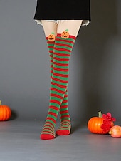 tanie Akcesoria Halloween-Damskie skarpetki za kolano na Halloween - bawełniane, długie pończochy w paski z uroczym wzorem dyni, zabawne i wygodne, nowatorskie pończochy na imprezy kostiumowe, cosplay i wydarzenia świąteczne