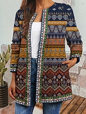 billige casual jakker-Dame Uformell jakke Vindtett Hold Varm Lomme Fargeblokk Åpen Forside Med lommer Årgang Moderne Fritid Blomstret Avslappet Daglig Fritid / hverdag Kort Crewneck Normal Langermet Yttertøy Lysegrønn