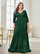 economico Semi-formale / Cocktail-Linea ad A Lunghezza al pavimento Abiti da festa Elegante Manica Lunga Scollo a V Formale Invitato a matrimonio autunnale Con Paillettes con Glitter Paillettes