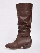 levne Slouch Boots-Dámské tmavě hnědé kozačky z umělé kůže – stylové kozačky na nízkém podpatku pro podzimní a zimní outfity