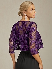 abordables Blazers et Costumes-veste blazer femme dentelle brodée paillettes ouvert devant élégant floral formel anniversaire fête mariage invité ouvert devant court col rond coupe régulière manches 3/4 vêtements d&#039;extérieur