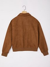economico Cappotti &amp; Trench-giacca da donna in finta pelle scamosciata con cerniera, collo con revers, finiture a costine, chiusura con cerniera, tasche foderate, casual, elegante, per tutti i giorni, autunno