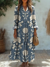 cheap Boho Dress-Women's Midi Dress Sundress A Line Dress Vacation Casual Boho Beach Party Holiday Loose Fit Floral Graphic Geometric Long Sleeve V Neck Blue Black Orange Green Summer Spring Fall