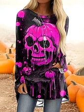 billige Halloween topper-Halloween Dame T skjorte Grafisk Hodeskaller Gresskar Årgang Stilfull Fritid Langermet Crew-hals Vanlige topper Daglig Trykt mønster Rosa Blå Oransje Grønn Grå Vår Høst