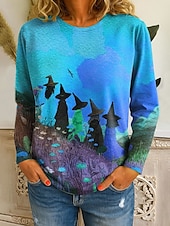 abordables Hauts d&amp;#39;Halloween-Halloween Femmes T-shirt Graphique Sorcière ancien Mode Élégant manche longue Col ras du cou Hauts Réguliers Quotidien Imprimé Jaune Bleu Orange Vert Automne Hiver