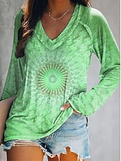 abordables T-shirt Art &amp; Design-Femmes T-shirt Fleuri Graphique Plantes Élégant Bohème ancien manche longue Col en V Hauts Réguliers Quotidien Sortir Week-end Imprimé Jaune Rose Claire Bleu Violet Vert Printemps Automne