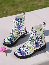 baratos Botas de combate-Botas de combate femininas com cadarço e estampa floral branca/roxa – botas casuais de cano curto com estampa floral colorida para uso diário, viagens e streetwear