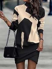 economico Abito Floreale-Per donna Mini Abito Tubino Casual Quotidiano Vestibilità regolare Floreale A righe Manica Lunga Collo Alto Nero Bianco Giallo Albicocca Primavera Autunno Inverno