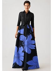 ブルーピンクAラインイブニングガウンエレガントドレスフォーマルウェディングフロアレングス半袖シャツカラーポケットナイロン花柄印刷リボン付き お買い得  床の長さ-ブルーピンクAラインイブニングガウンエレガントドレスフォーマルウェディングフロアレングス半袖シャツカラーポケットナイロン花柄印刷リボン付き