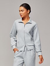 ieftine Palto și trenchuri-Jachetă tricotată elastică gri melanj pentru femei, guler înalt, buzunare duble cu fermoar, elegantă, confortabilă, din bumbac, casual, pentru lucru zilnic, versatilă, toamnă