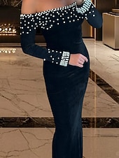 economico Abiti da sera a tubino-abito da sera elegante in velluto elasticizzato con cravatta nera, a sirena/tromba, con perle, formale, da sposa, strascico a ruota, manica lunga, spalle scoperte, 2025