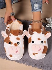 ieftine Flip-Flops de Damă-Papuci drăguți de pluș pentru femei, cu model de vacă, cu design 3D cu animale și căptușeală moale – pantofi confortabili de iarnă pentru casă și cadouri de sărbători